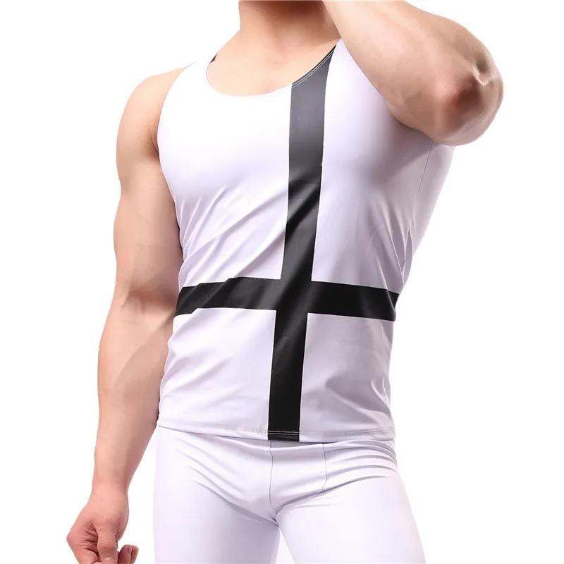 PU Leather O-neck Men Undershirts Sexy Sleeveless Shirts Men Imitatiion Faux Leather Undershirts For Casual  Wear Plus Size XL