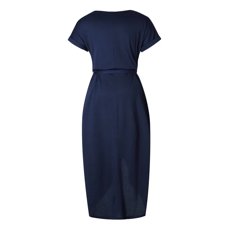 

6 Color Casual Summer Dress Round Neck Sashes Woman Wrap Dress Short Sleeve Belt Womens Irregular Vintage Midi Dresses Plus Size