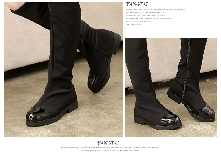 CCTWINS KIDS/ г. Детские брендовые высокие сапоги из эластичной ткани модные детские ботфорты черная обувь для маленьких девочек C1178