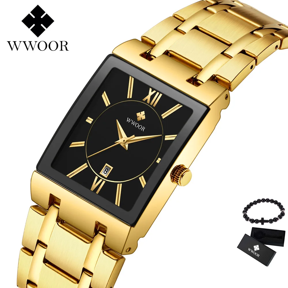 Gold black WWOOR мужские часы люксовый бренд кварцевые все стальные водонепроницаемые часы модные спортивные бизнес военные мужские часы relogio masculino - Цвет: Gold black