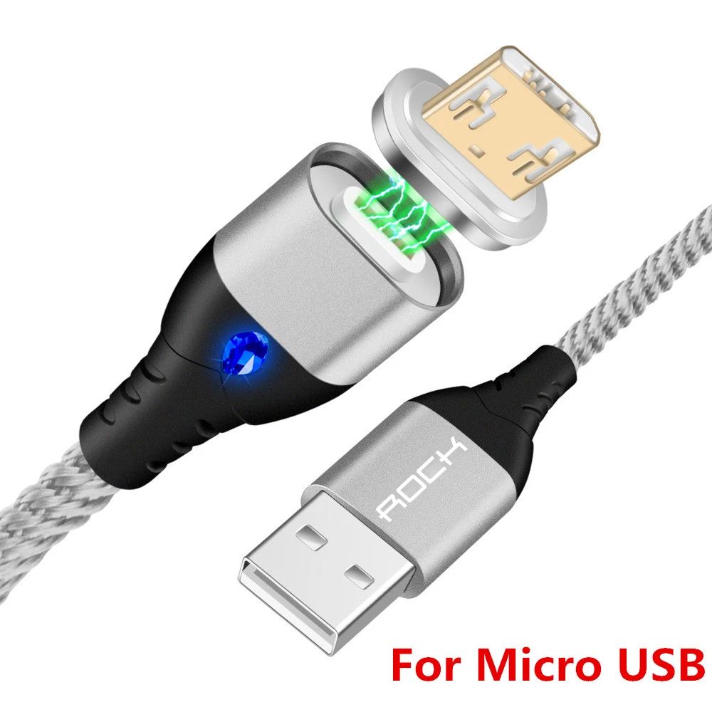 Silver For Micro USB Магнитный usb-кабель ROCK 5A для быстрой зарядки, кабель USB type C, кабель для микроосвещения для iPhone, samsung, Xiaomi, универсальный usb-шнур - Цвет: Silver For Micro USB