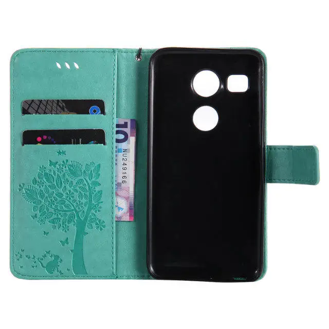 Для Coque LG Nexus 5X чехол кошка и дерева тиснением Флип Бумажник Стенд держатель карты