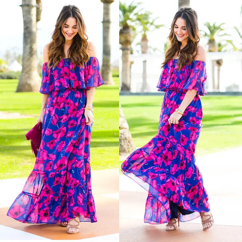 Пляжное Шифоновое Платье макси с цветным цветочным узором для вечеринки лето 2019 |