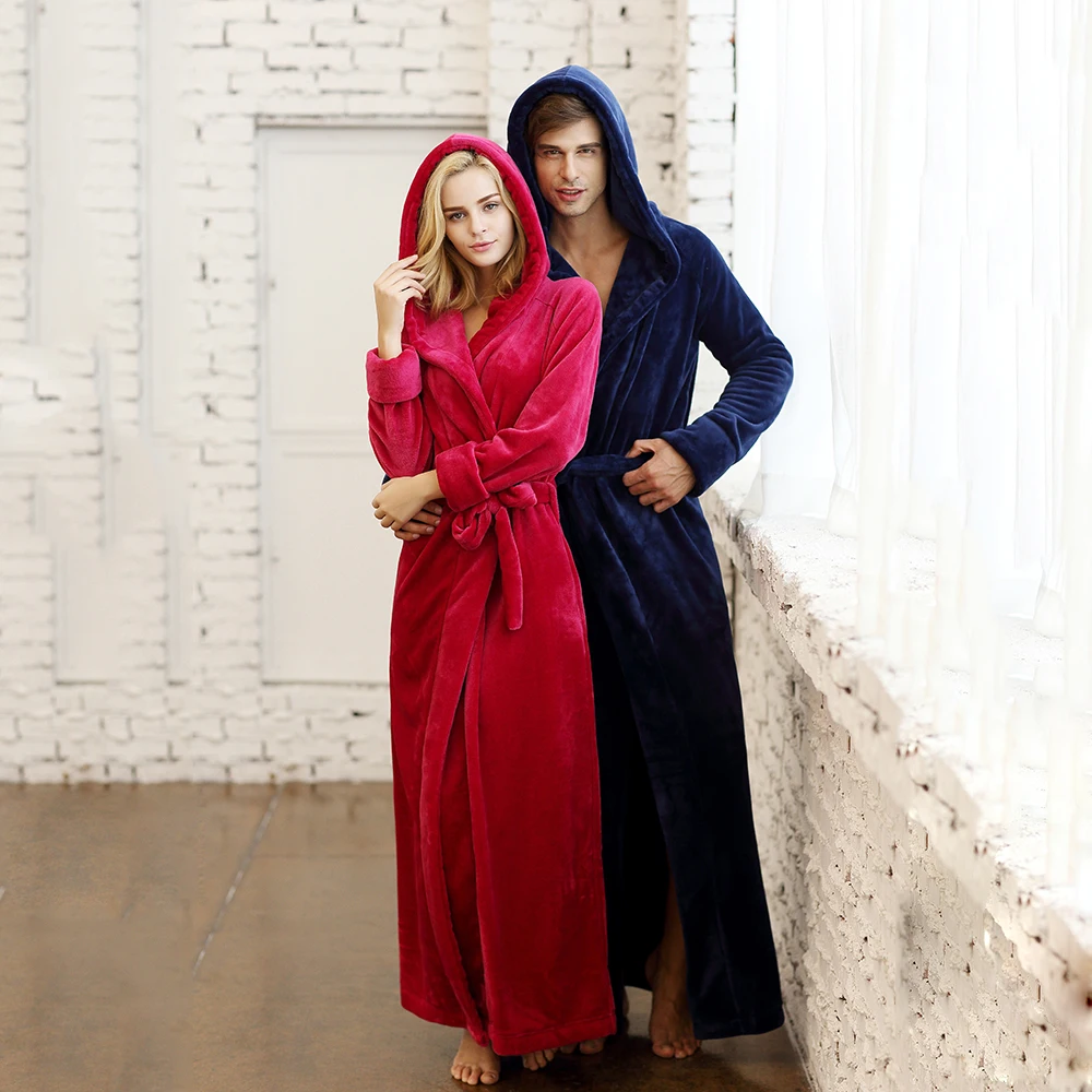 Men and Women's Ultra Long Robe with Hood Plush Plus Size  Floor-Length Hooded  Bathrobes Sleepwear Fuzzy  Loungewear Nightgowns