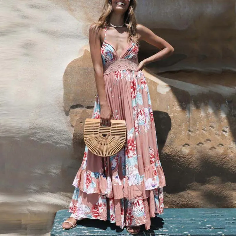 Женское винтажное платье с цветочным принтом длинное пляжное треугольным