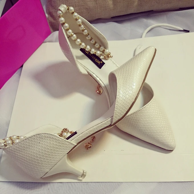 2015 Spring Summer Europe Style Elegant Lady Shoes Pearls Beaded Chain Pointed Toe Sexy Hollowed Out Pumps | Обувь