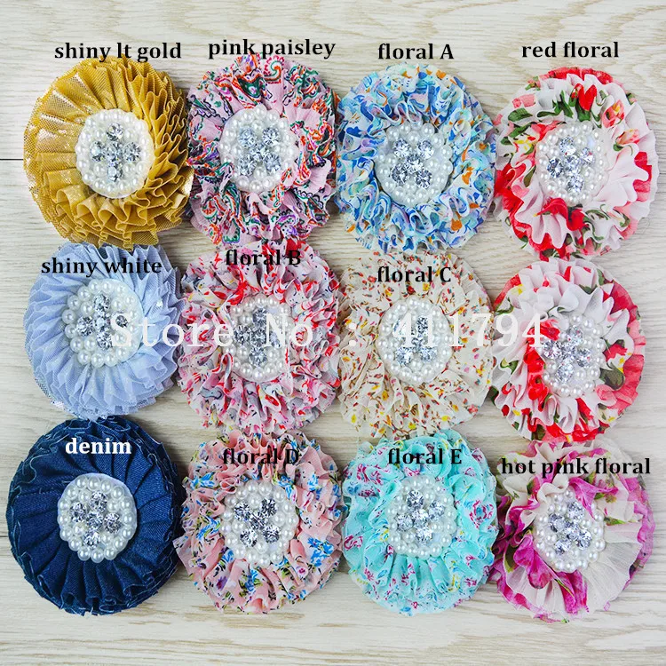 

30 pcs/lot , 8cm shabby flowers with rhinestone , shabby flowers with pearl for headband , cute girl fashion accessories