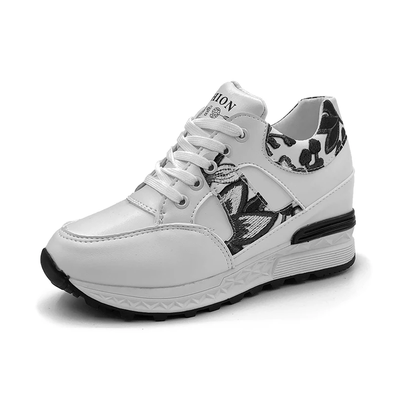 

Leather Vulcanized Shoes Flower Flat Platform Increasing Lace Up Sneakers Women Shoes Woman Casual Shoes Loafers Plus Size Flats