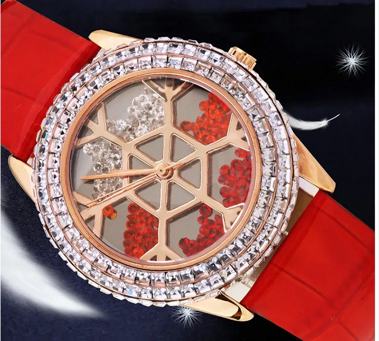 

New Designer MELISSA Snowflake Watch Moving Crystals Women Dress Wristwatch Genuine Leather Quartz Relogio Feminino Montre MP151