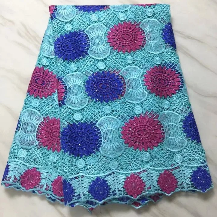 

Beautiful sky blue french guipure lace embroidery african water soluble lace fabric with rhinestone for dress BW32-9,5yards/pc