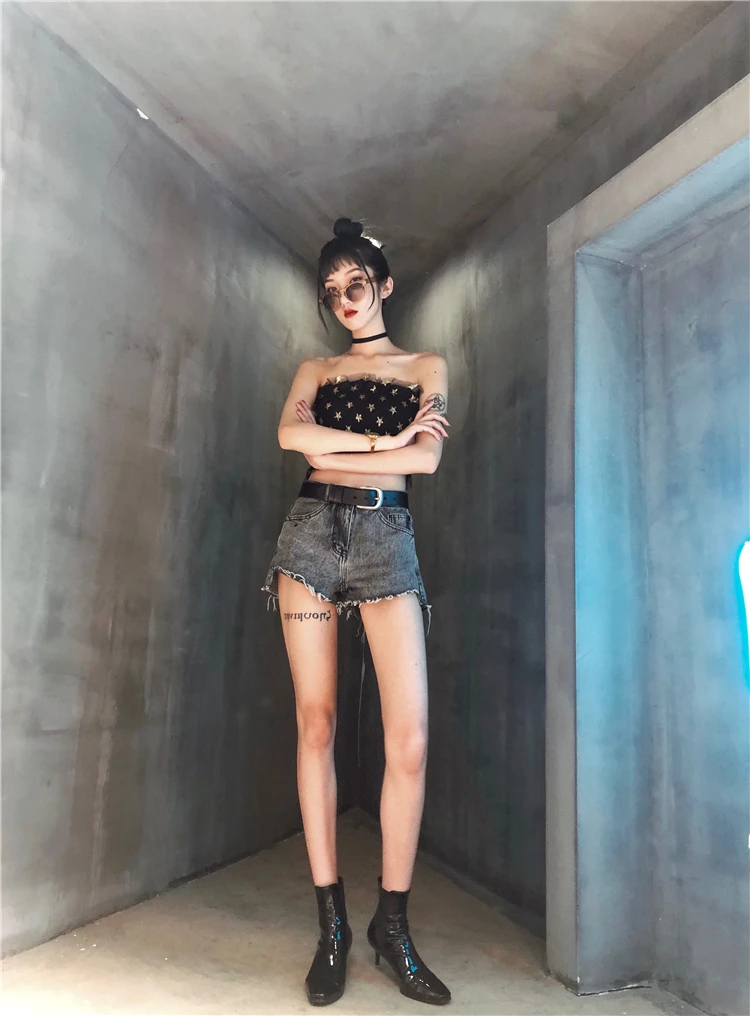 Flectit Harajuku панк готический стиль блеск звезды Smocked Tube Топы Ruched Mesh укороченный
