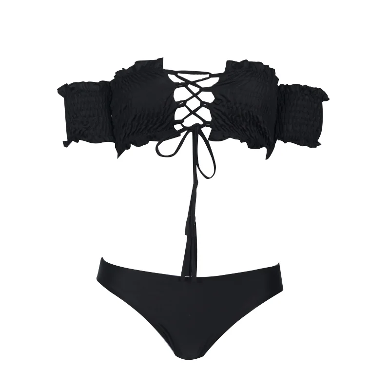 bikinis set black Сексуальный бразильский купальник бикини на шнуровке, женский купальник с открытыми плечами, бикини для женщин, Бикини бандо, купальник неоновый желтый - Цвет: bikinis set black