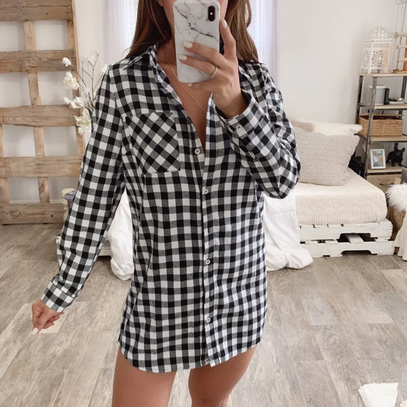 Женское Короткое платье Fanbety клетчатое с длинным рукавом и принтом Сексуальная