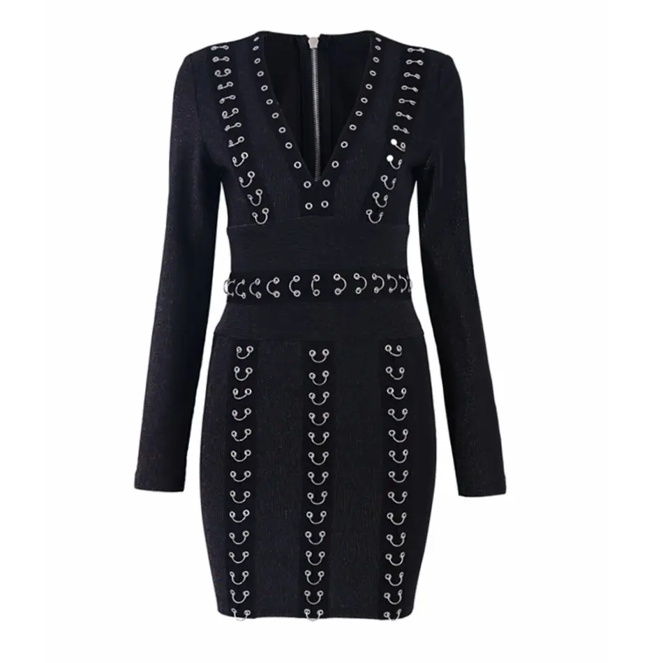 Newest Celebrity Party Bodycon Bandage Dress Women Black Long Sleeve V-Neck Sexy Nightclub Vestidos Wholesale | Женская одежда