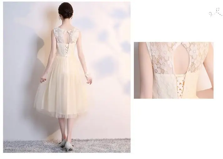 

2020 cheap illusion neckline champagne lace vintage princess girls bridesmaid tea dresses under 50 bridesmaids dress H4301