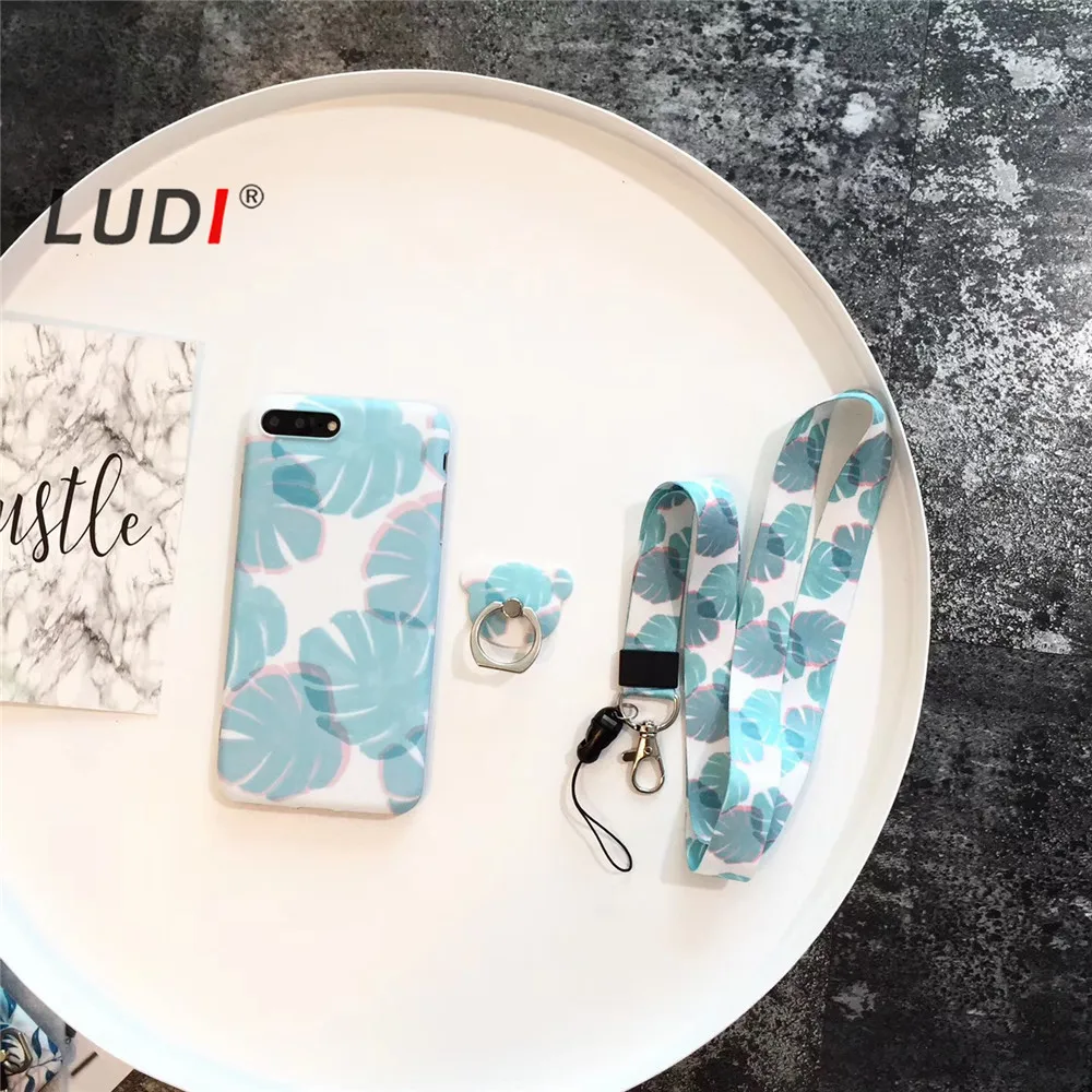 Чехол LUDI с корейскими листиками кольцом-держателем и ремнем для iPhone X 8 7 7plus6 6S Plus