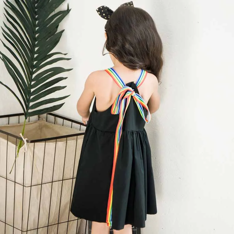 Детская Костюмы Летнее платье для девочек Радуга ремень просто черный Хлопковое