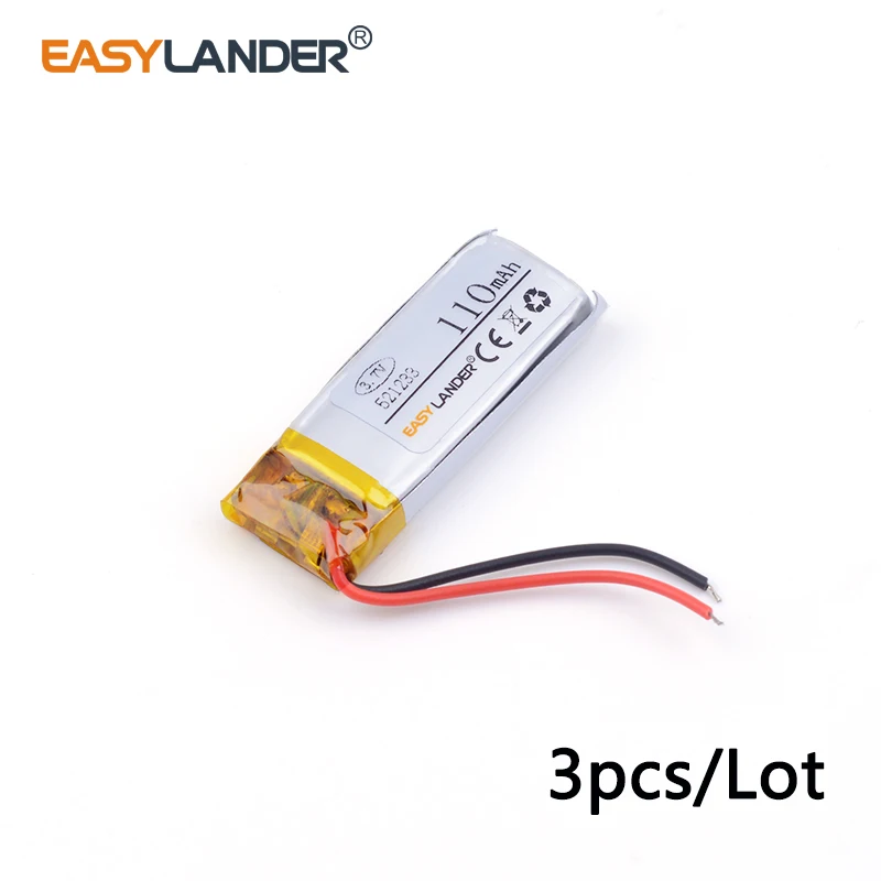 

3pcs /Lot 521233 110mAH 3.7v lithium Li ion polymer rechargeable battery General Remote control / two-way remote control GPS DVR