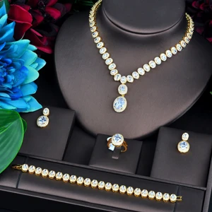 gold color HIBRIDE Блестящий Круглый Кубический циркониевая подвеска наборы для Для женщин Цепочки и ожерелья кольца, серьги, браслет Jewelry аксессуары N-743 - Окраска металла: gold color