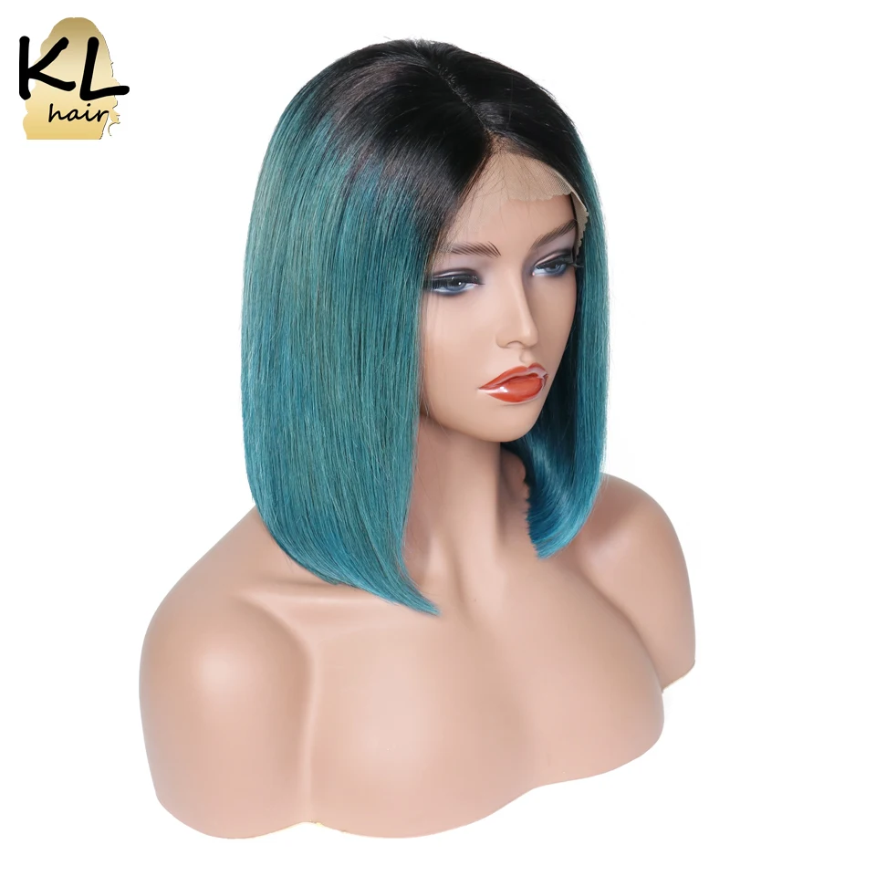 KL Ombre Color Bob Wigs Green Lace Front Human Hair Straight Brazilian Remy Short Pre Plucked With Baby | Шиньоны и парики