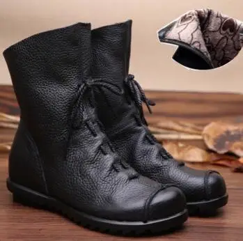 thicken black Плисовые женские ботинки со складками; сезон осень-зима; модная обувь до середины икры из натуральной кожи; женские низкие ботинки martin с лентами; Размеры 35-42 - Цвет: thicken black