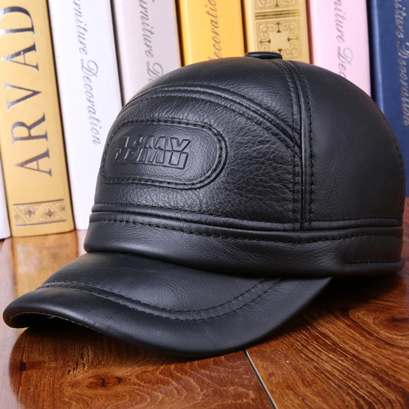 Кепка мужская из воловьей кожи однотонная хлопковая бейсболка с ушками теплая