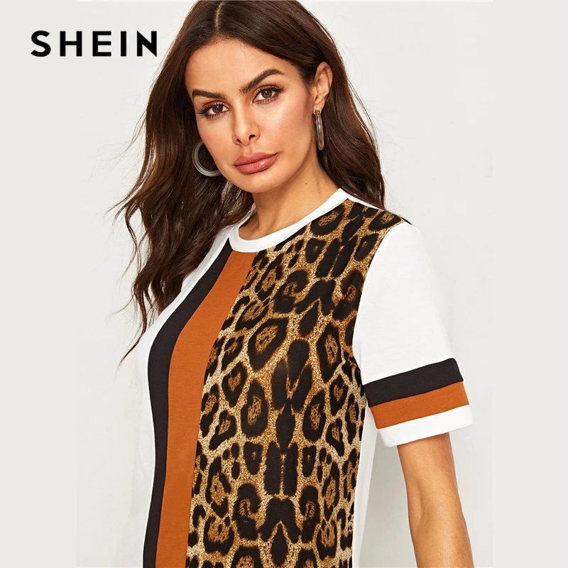 SHEIN летнее платье-туника с цветными блоками и леопардовым принтом, женское платье с коротким рукавом и круглым вырезом,, прямые свободные Короткие повседневные платья