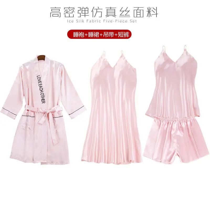 pink B Бордовые пижамы для женщин, сексуальные кружевные пижамы, атласные пижамы с шортами, 5 предметов, пижамы, костюмы, повседневная домашняя одежда - Цвет: pink B