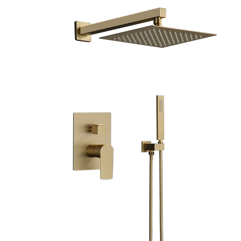 

Bathroom Shower Set Brushed Gold Rainfall Shower Faucet Wall or Ceiling Wall Mounted Shower Mixer 8-12" Shower Head