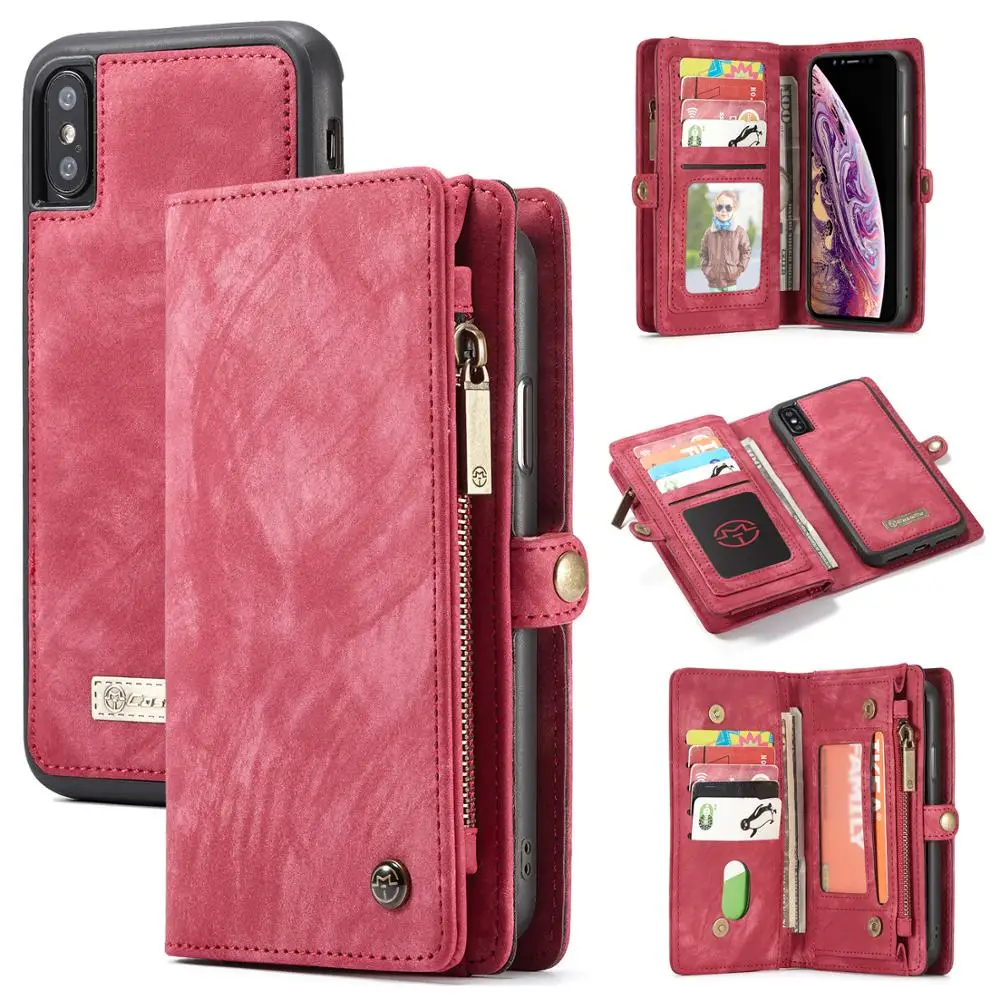 Съемный магнитный кожаный чехол бумажник на молнии с отделениями для карт iphone X XS