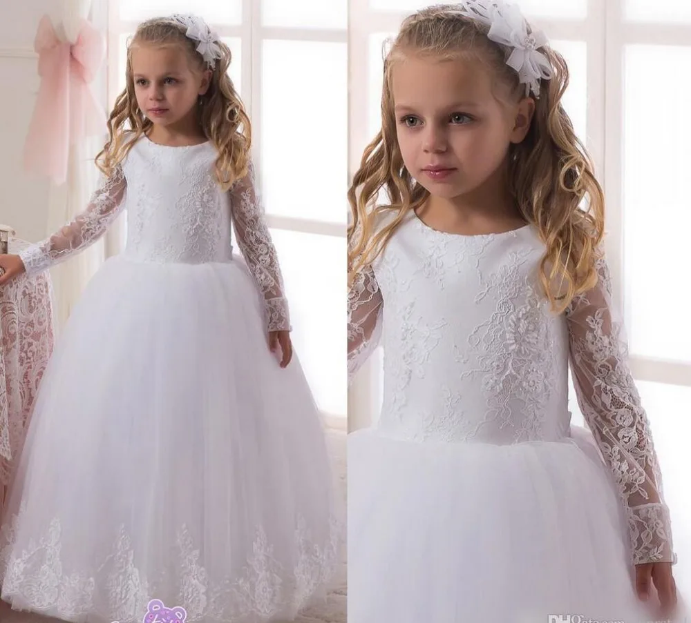 

Lovely White Long Sleeves Flower Girls Dresses For Wedding Jewel Lace Zipper Ball Gown Tulle Communion Dress 2021