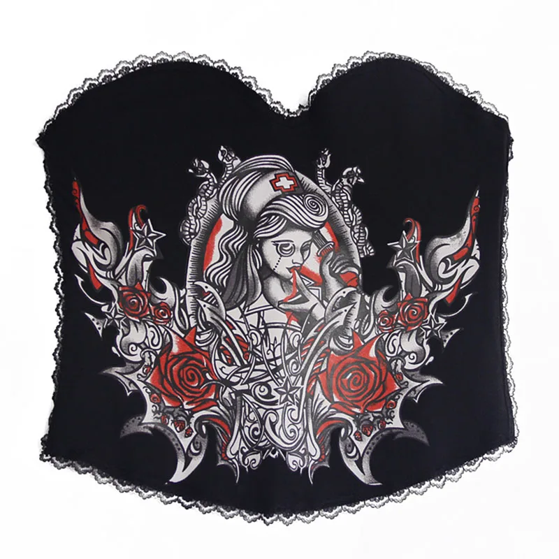 Корсеты и бюстье в стиле стимпанк с винтажным принтом красный цветочным корсет