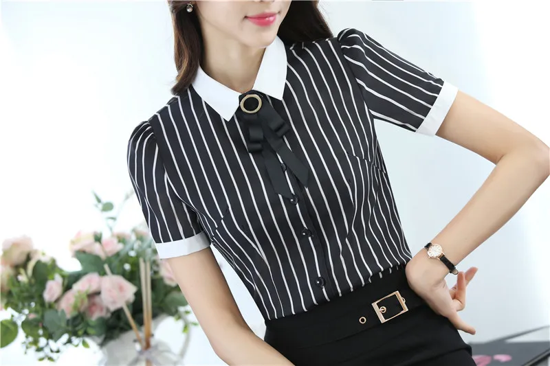 Формальные черно-белые полосатые блузки для женщин летние рубашки с коротким