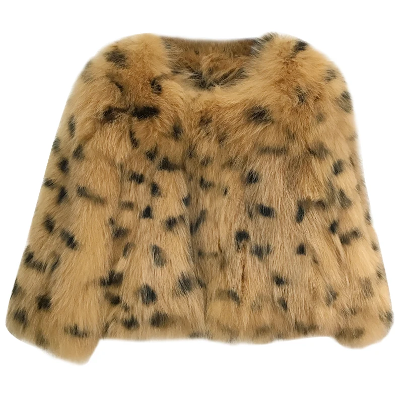 

Leopar color natural fox fur coats outerwear women fashion sexy real fur jackets O neck 3/4 sleeve genuine leather fur overcoat