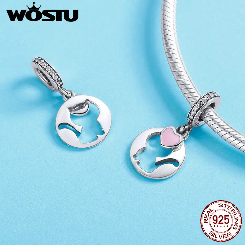 Женские шармы из стерлингового серебра 925 пробы WOSTU Animal Cat с розовым сердечком