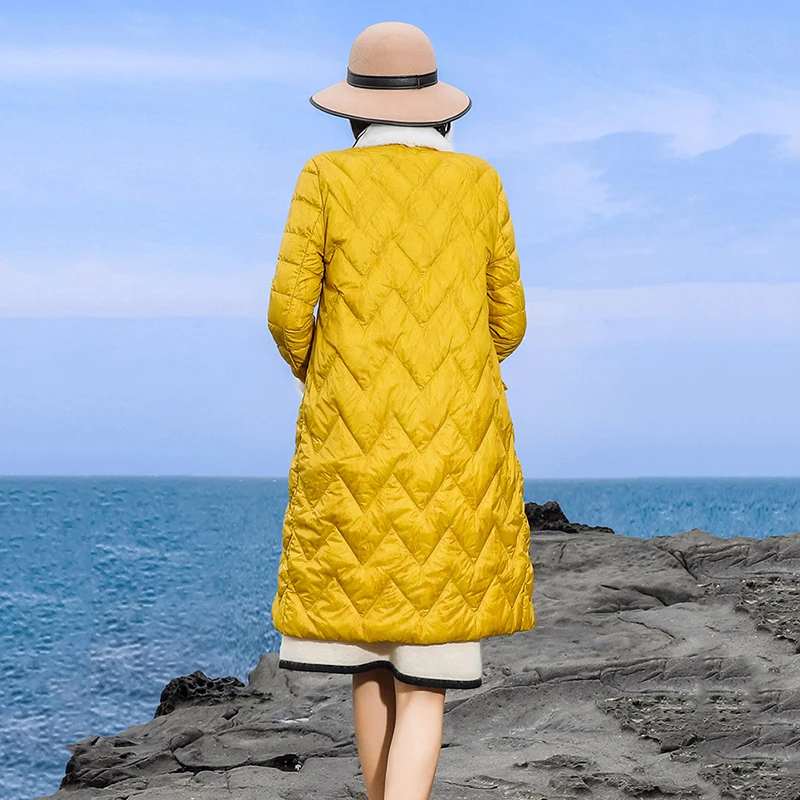 Новинка осени 2020 модный тонкий пуховик с карманами женский длинный легкий