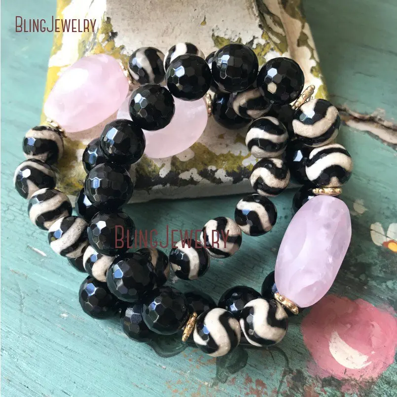 Браслет с бусинами из агата Dzi розовый кварц черный оникс BM11304|bracelet healing|statement