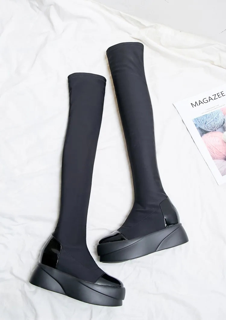 balck lycra Lenkisen/высокие сапоги до бедра с круглым носком, на высокой платформе, из прочной коровьей кожи, из эластичной ткани модные женские ботфорты L08 - Цвет: balck lycra