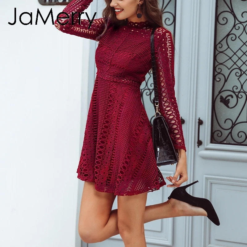 Женское кружевное платье JaMerry осенне зимнее с высокой талией и круглым вырезом