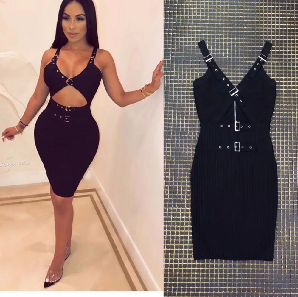 

New Summer black keyhole Spaghetti Strap v neck Sleeveless Knee-Length cut out Celebrity Party Bandage Bodycon Vestidos Dress