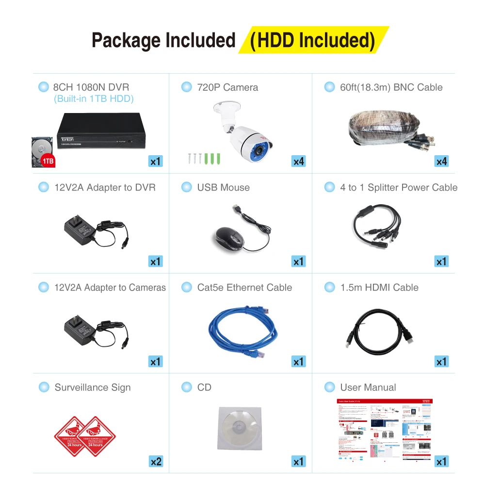 Tonton 8CH система видеонаблюдения 1080N DVR 4 шт. 1.0MP пуля ИК ночного видения наружная