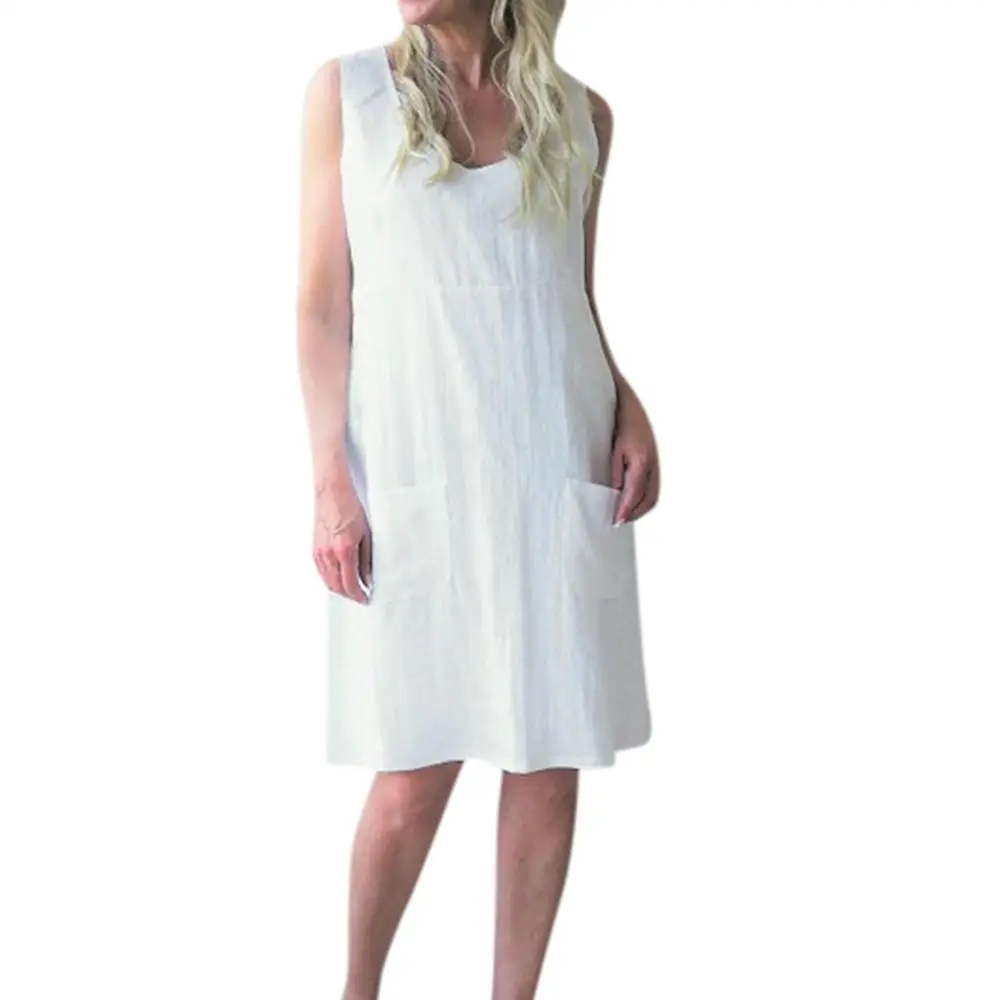 Женское платье с круглым вырезом однотонное свободное Повседневное без рукавов