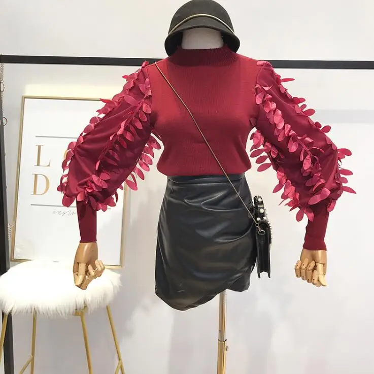 Женский трикотажный свитер с рукавом-фонариком повседневный вязаный и объемным