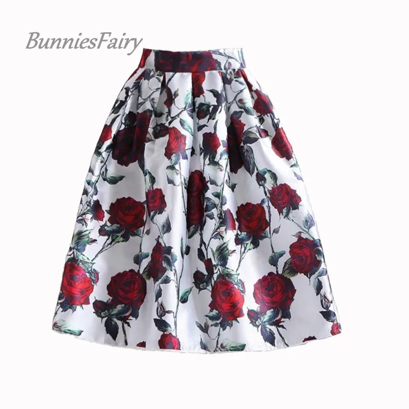 BunniesFairy 50s винтажные Женские Ретро Красные розы букет цветочный принт высокая
