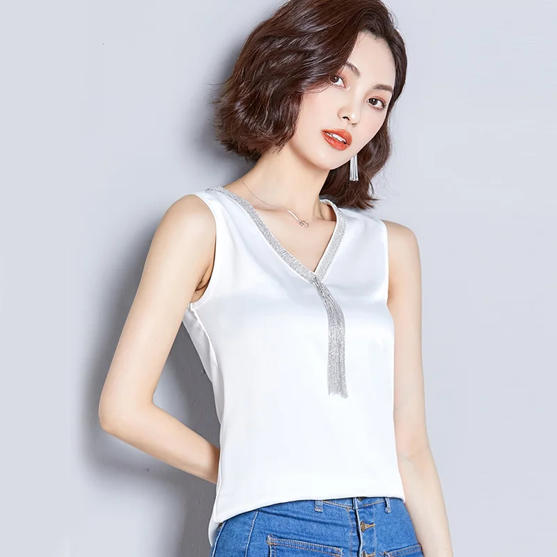 Женский сатиновый топ в Корейском стиле уличная одежда Топ без рукавов с