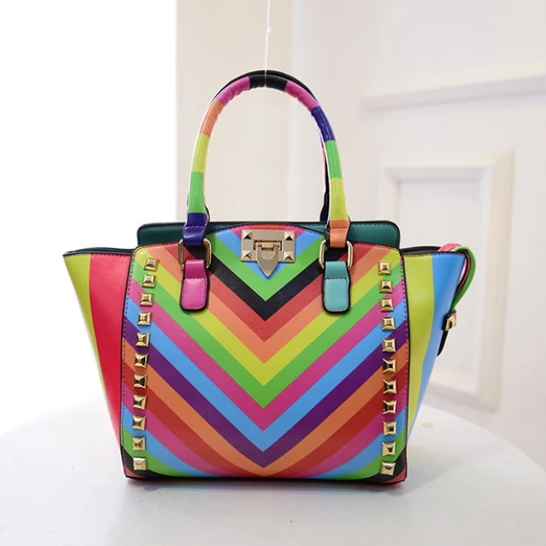 2015 Spring bags color block rainbow bag women handbag wings package handbag rivet messenger bag