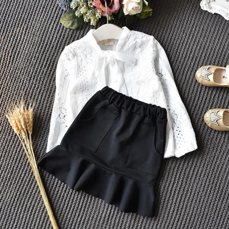 black clothes set Г., весенний комплект школьной одежды для маленьких девочек, Белая Кружевная блуза с длинными рукавами и бантом+ юбка одежда для девочек, комплекты JW3164 - Цвет: black clothes set