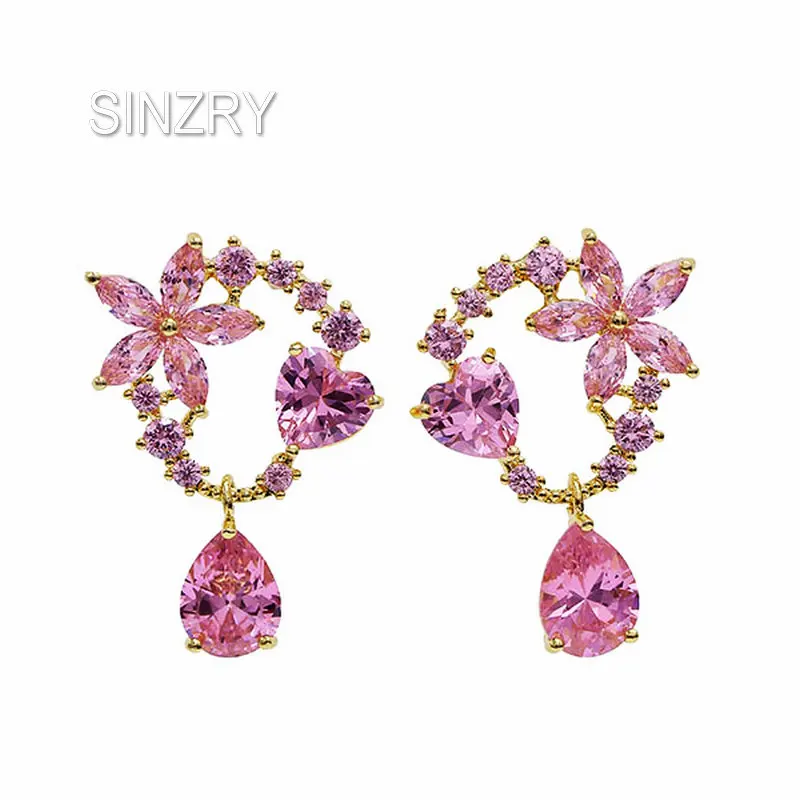 Женские серьги SINZRY розовые в виде цветов с кубическим цирконием|Серьги-подвески|