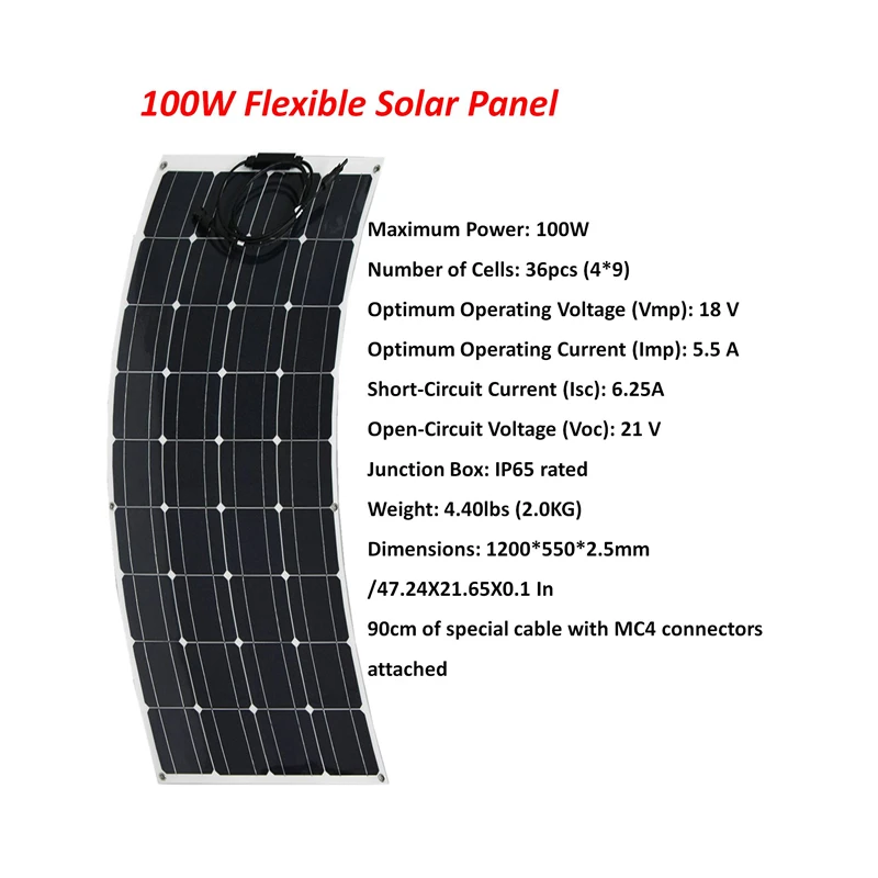 

1pcs 2pcs 3pcs 4pcs solar panel Monocrystalline Solar Cell Flexible for Car/Yacht/Steamship 12V 24 Volt 100 Watt Solar Battery