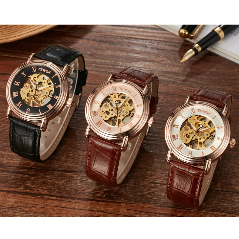 SEWOR Mechanical Hand Wind Watch for Men Leather Skeleton Male Watches Luxury Classic Mens With Box SWQ53 | Наручные часы